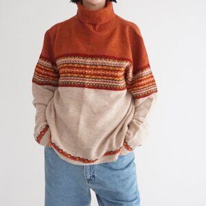 Vintage NorthCrest Rust Fair Isle Stripe Nordic Jacquard Turtleneck Sweater XL